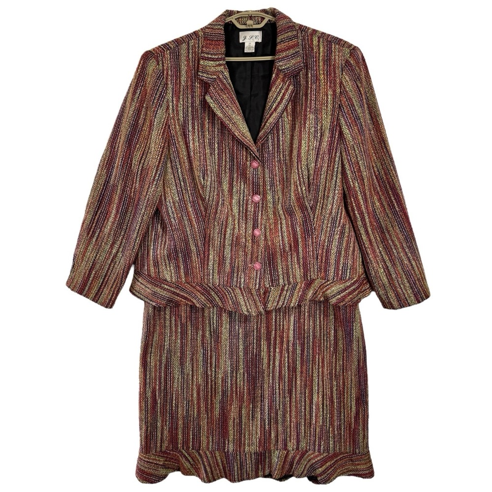 Vintage Skirt Suit Set Plus Size 24 Rainbow Knit Tweed Ruffle Skirt 2 Pc Set 90s